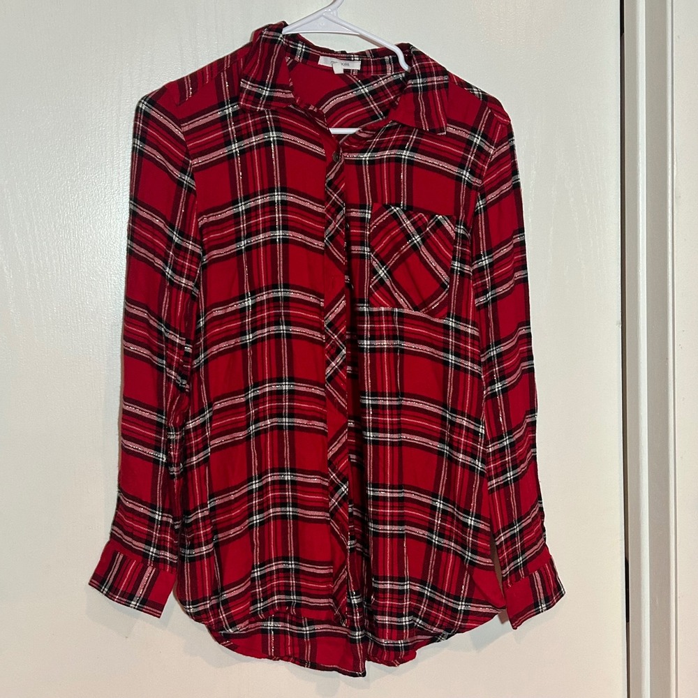 Maurices Womens XS Red Black Plaid Metallic Shimmer Button Down Flannel Shirt